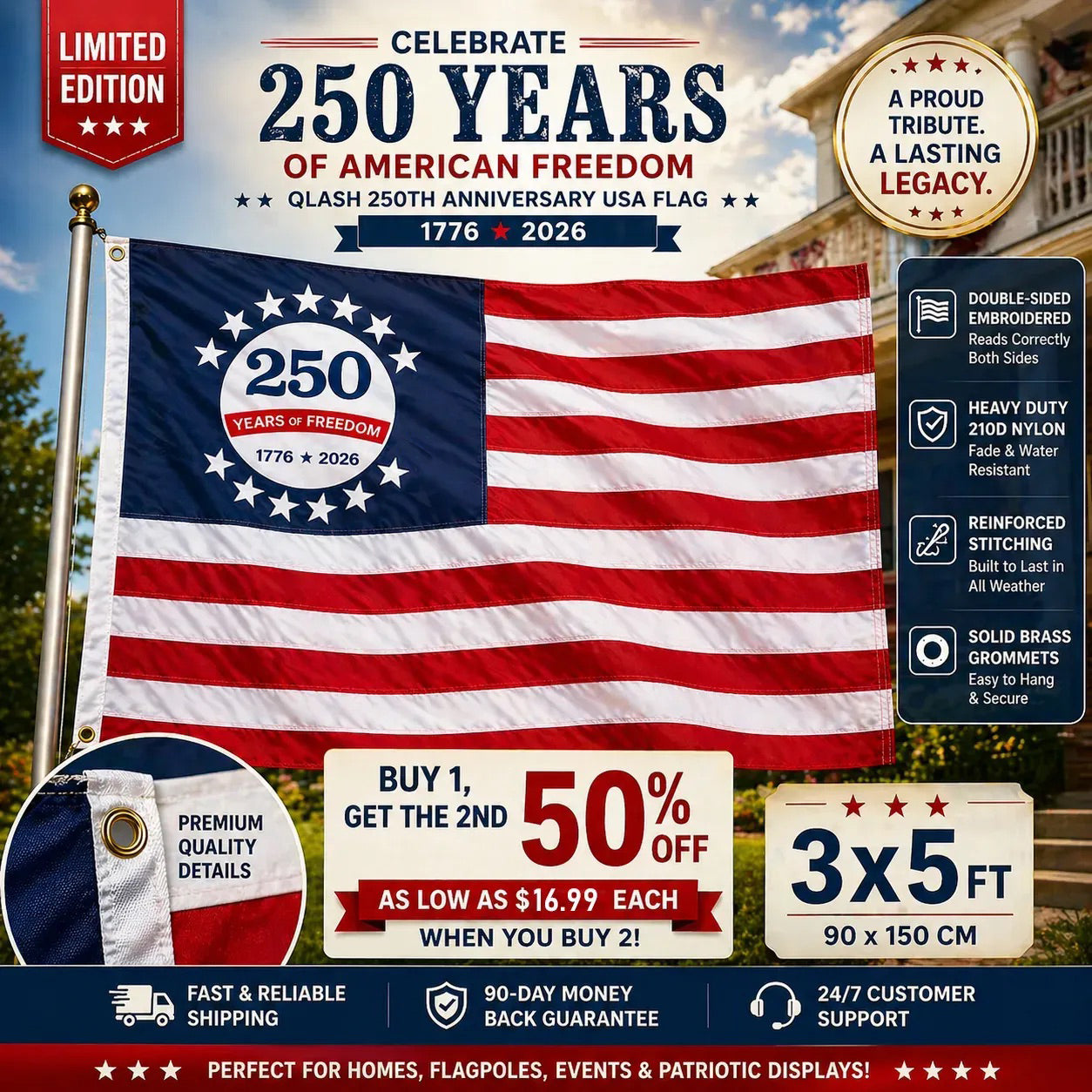 250th Anniversary USA Commemorative Flag (3x5 Ft),Double-sided mirror embroidery 3-Day Shipping